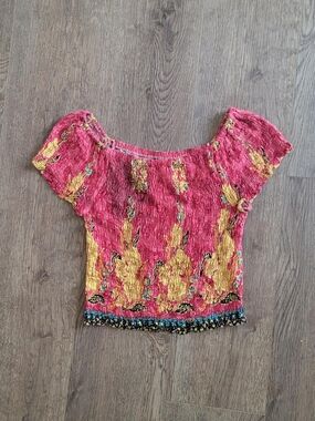 Aloha Batik Red Multicolor Smocked Floral Short Sleeve Top